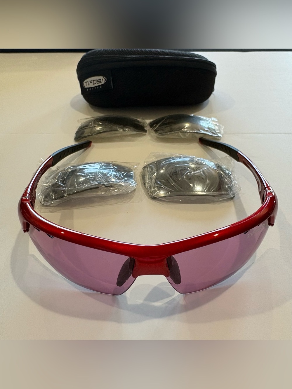 Tifosi Crit Sport Sunglasses Red Interchangeable 3 Lens Sets Hard Case
